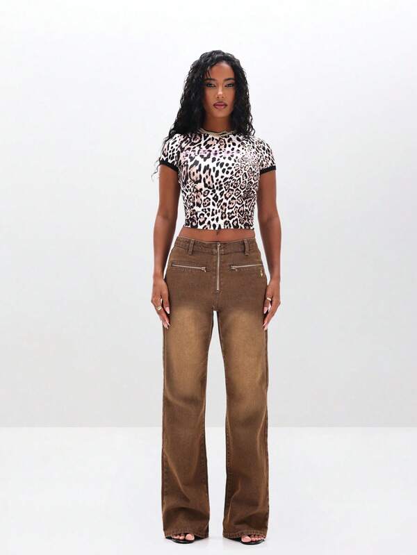 BABYPHAT Low Waist Bootcut Flare Jeans With Rhinestone Embellishments Wide Leg Denim Pants For Fall Winter