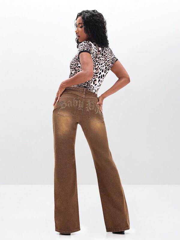 BABYPHAT Low Waist Bootcut Flare Jeans With Rhinestone Embellishments Wide Leg Denim Pants For Fall Winter
