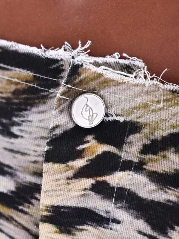 BABYPHAT Low Waist Raw Edge Denim Mini Skirt With Mixed Animal Print Pattern For Casual Summer Festival Wear
