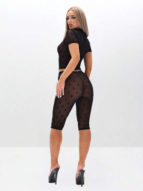 BABYPHAT Mesh Panel Capri Leggings With Diamond Pattern For Casual Everyday Wear