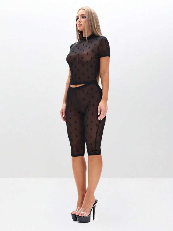 BABYPHAT Mesh Panel Capri Leggings With Diamond Pattern For Casual Everyday Wear