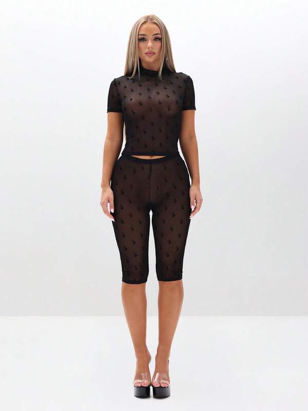 BABYPHAT Mesh Panel Capri Leggings With Diamond Pattern For Casual Everyday Wear