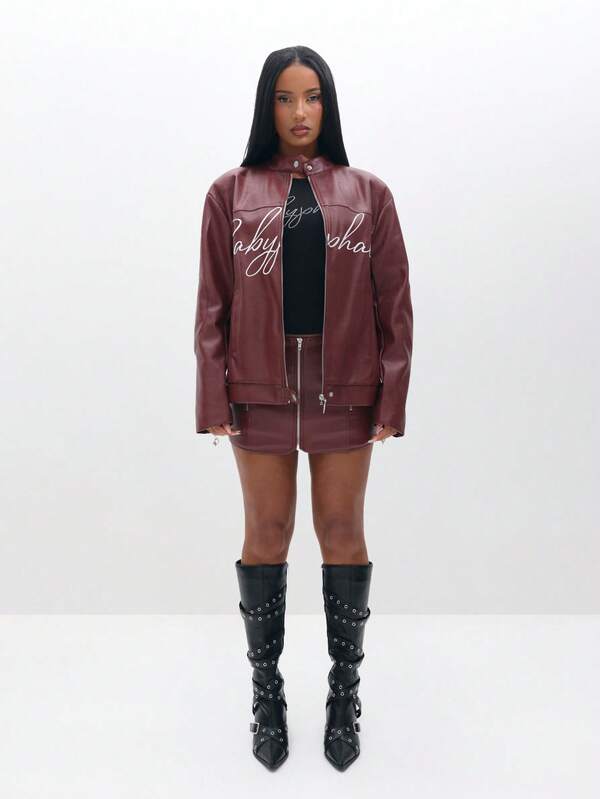 BABYPHAT Mini Faux Leather Skirt With Embroidered Script Detail For Fall Winter