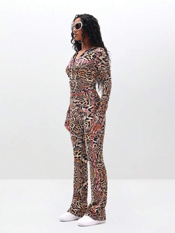 BABYPHAT Mixed Animal Print Zip Up Hooded Top With Long Sleeves Jersey Fabric