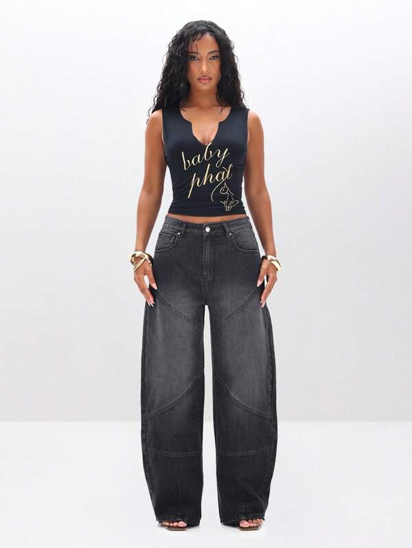 BABYPHAT Notch Neck Tank Top With Cat Print Message Text Design
