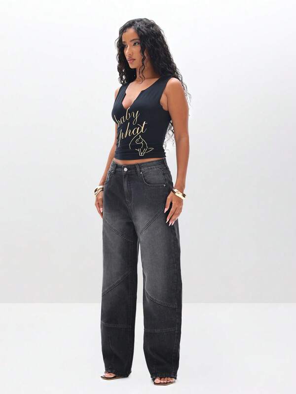 BABYPHAT Notch Neck Tank Top With Cat Print Message Text Design