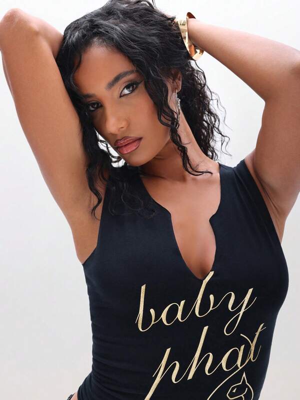 BABYPHAT Notch Neck Tank Top With Cat Print Message Text Design