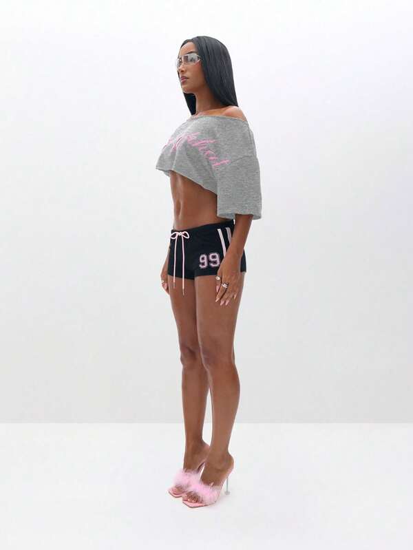 BABYPHAT Off Shoulder Cropped Sweatshirt With Pink Graphic Print Casual Comfort Top
