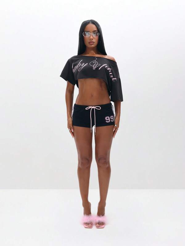BABYPHAT Off Shoulder Cropped Sweatshirt With Pink Script Logo For Casual Everyday Comfort