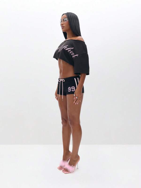 BABYPHAT Off Shoulder Cropped Sweatshirt With Pink Script Logo For Casual Everyday Comfort