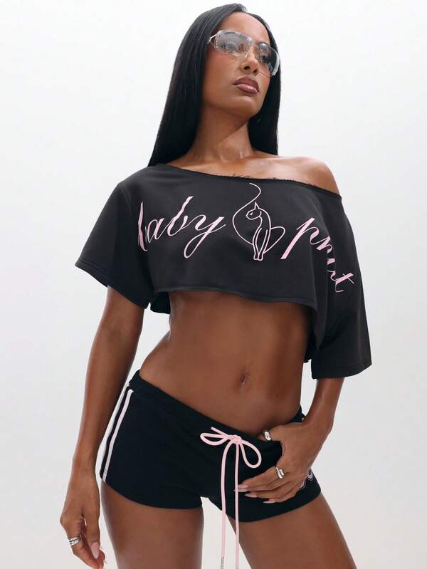 BABYPHAT Off Shoulder Cropped Sweatshirt With Pink Script Logo For Casual Everyday Comfort
