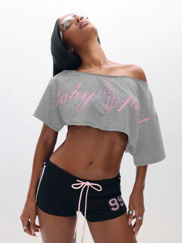 BABYPHAT Off Shoulder Cropped Sweatshirt With Pink Graphic Print Casual Comfort Top