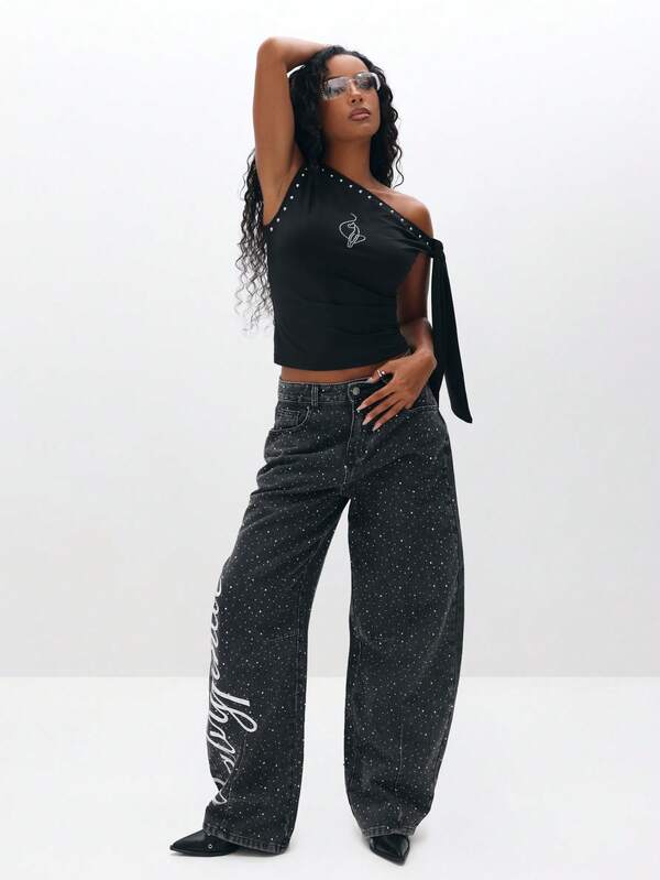 BABYPHAT One Shoulder Studded Top With Tie Detail Off Shoulder Asymmetric Neckline Party Club Evening