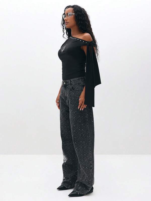 BABYPHAT One Shoulder Studded Top With Tie Detail Off Shoulder Asymmetric Neckline Party Club Evening