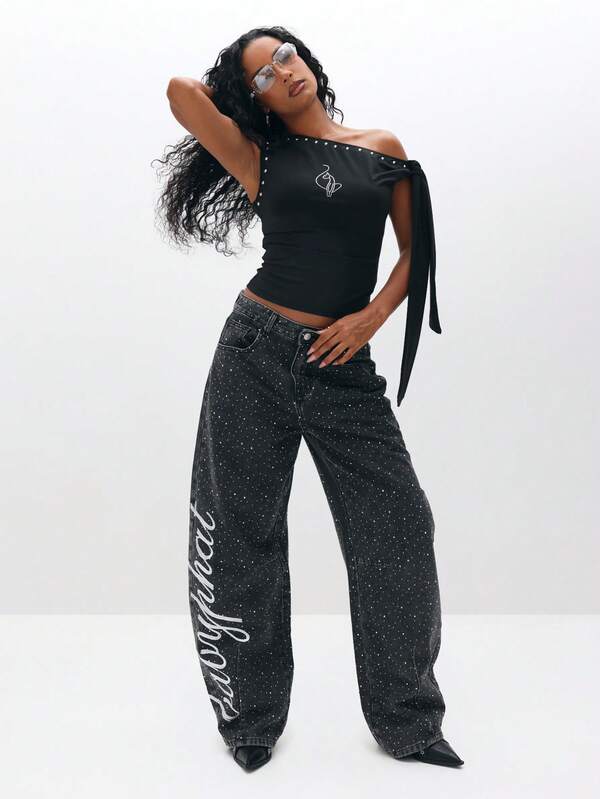 BABYPHAT One Shoulder Studded Top With Tie Detail Off Shoulder Asymmetric Neckline Party Club Evening