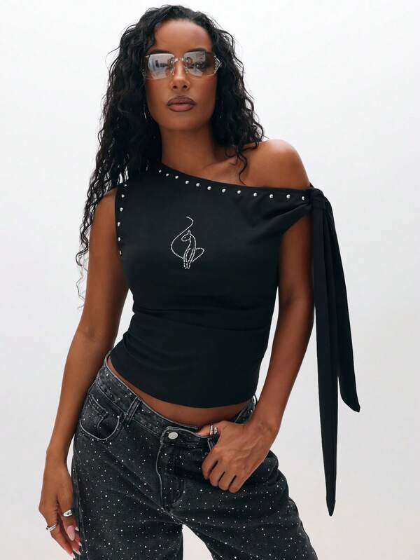 BABYPHAT One Shoulder Studded Top With Tie Detail Off Shoulder Asymmetric Neckline Party Club Evening