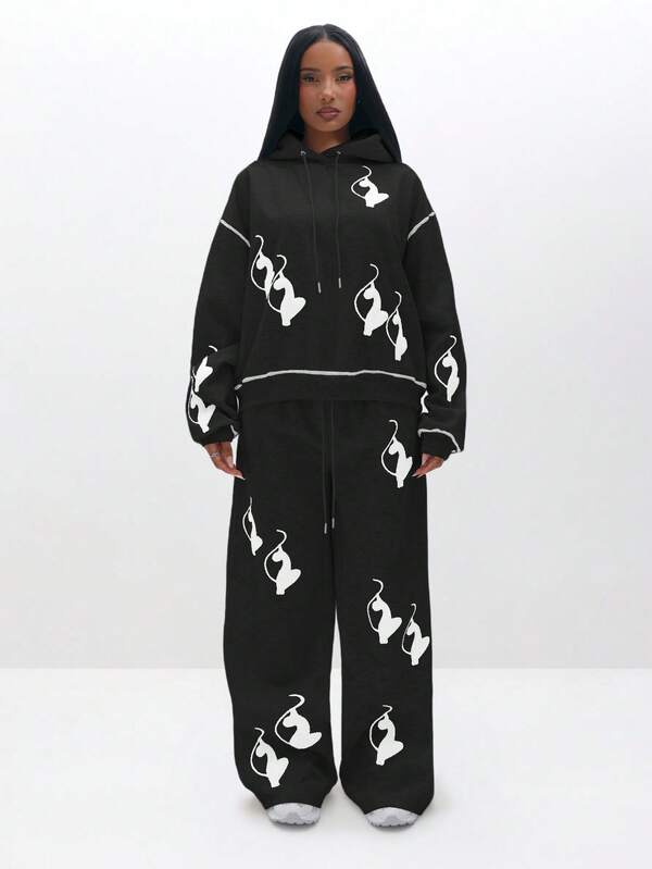 BABYPHAT Oversized Cozy Logo Print Pullover Hoodie Sweatshirt For Autumn Winter Casual Loungewear