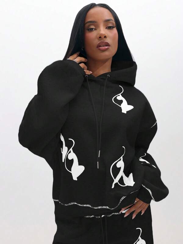 BABYPHAT Oversized Cozy Logo Print Pullover Hoodie Sweatshirt For Autumn Winter Casual Loungewear