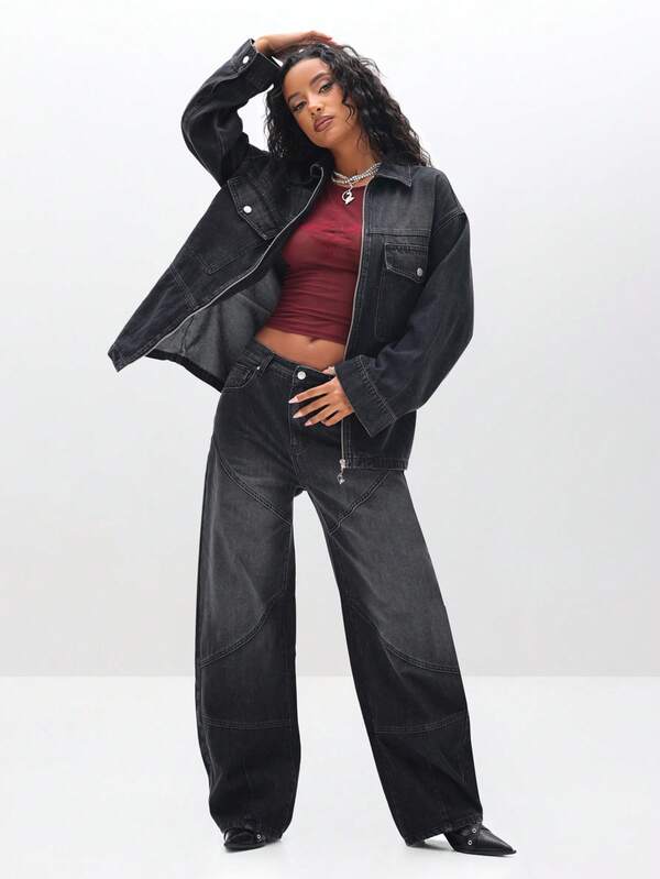 BABYPHAT Oversized Denim Shacket Jacket For Women Long Sleeve Zip Up Casual Outerwear Fall Winter Wardrobe Essential