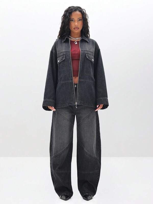 BABYPHAT Oversized Denim Shacket Jacket For Women Long Sleeve Zip Up Casual Outerwear Fall Winter Wardrobe Essential