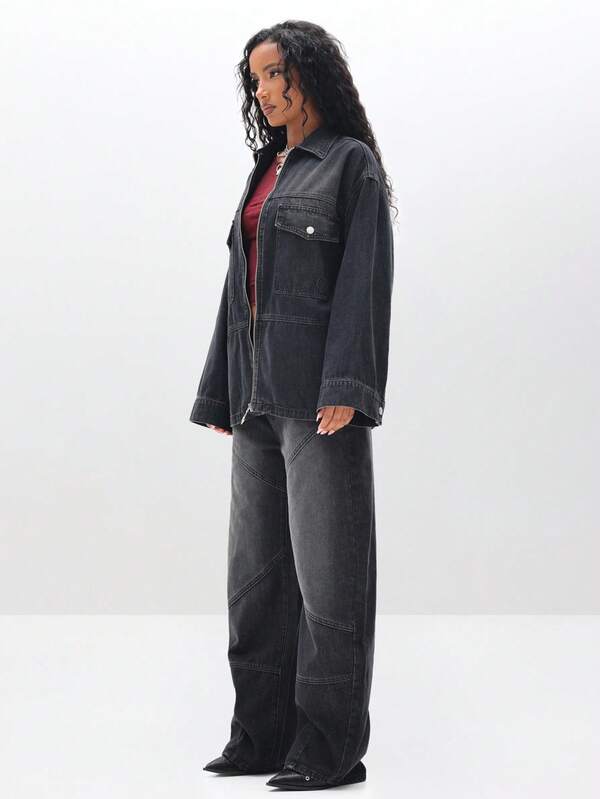 BABYPHAT Oversized Denim Shacket Jacket For Women Long Sleeve Zip Up Casual Outerwear Fall Winter Wardrobe Essential