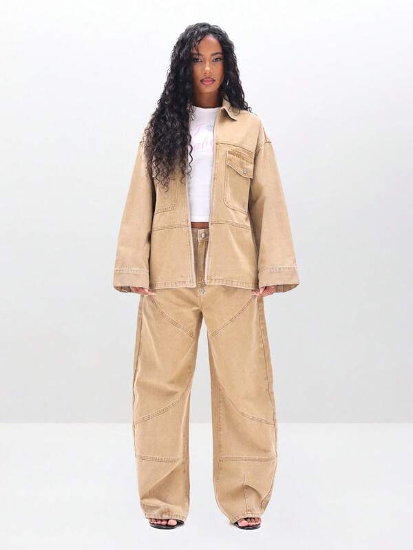 BABYPHAT Oversized Denim Shacket Jacket For Women - Casual Zip Up Utility Outerwear With Pockets Fall Winter
