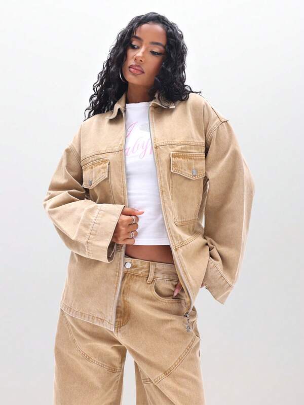 BABYPHAT Oversized Denim Shacket Jacket For Women - Casual Zip Up Utility Outerwear With Pockets Fall Winter