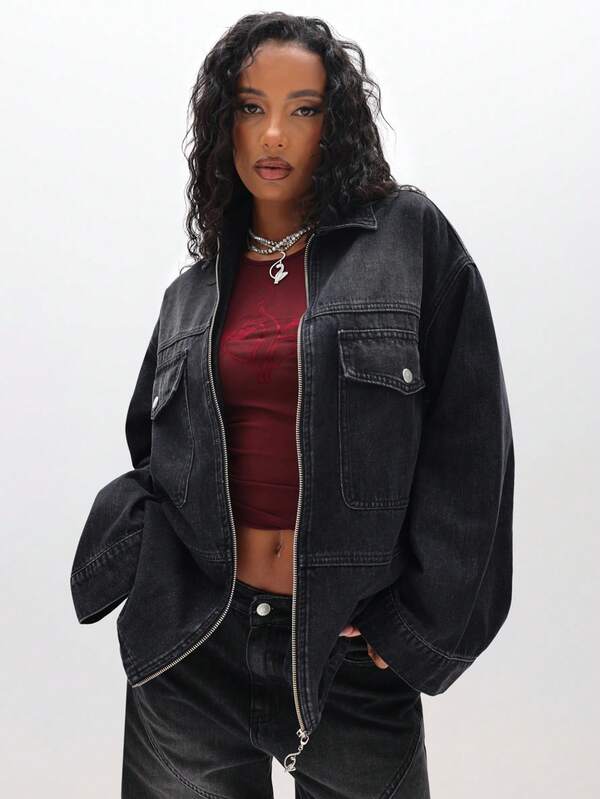 BABYPHAT Oversized Denim Shacket Jacket For Women Long Sleeve Zip Up Casual Outerwear Fall Winter Wardrobe Essential