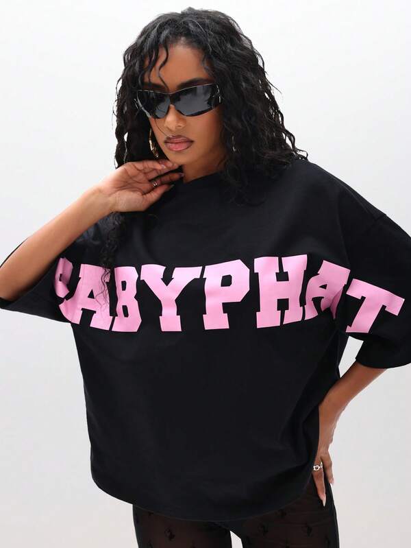 BABYPHAT Oversized Graphic T-Shirt With Pink Text Print Casual Summer Top