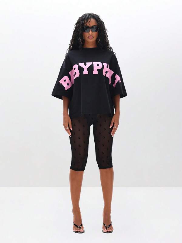 BABYPHAT Oversized Graphic T-Shirt With Pink Text Print Casual Summer Top