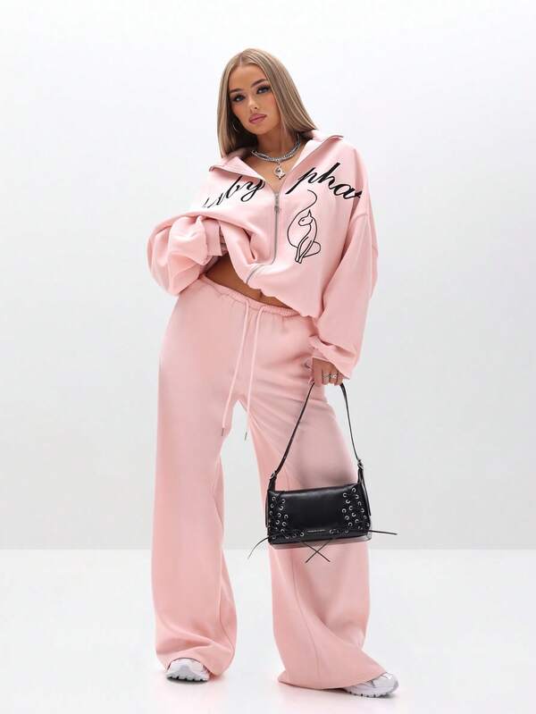 BABYPHAT Oversized High Neck Zip Up Sweatshirt With Script Print And Cat Graphic For Casual Winter Streetwear