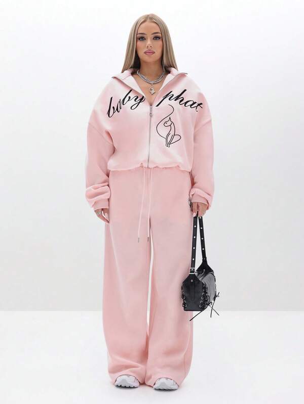 BABYPHAT Oversized High Neck Zip Up Sweatshirt With Script Print And Cat Graphic For Casual Winter Streetwear