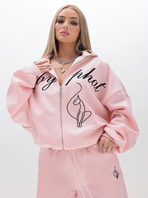 BABYPHAT Oversized High Neck Zip Up Sweatshirt With Script Print And Cat Graphic For Casual Winter Streetwear