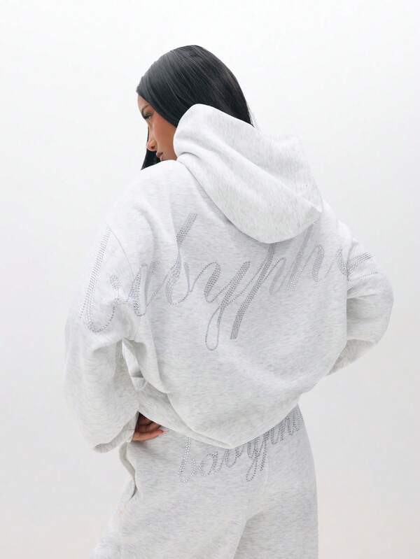 BABYPHAT Oversized Hooded Sweatshirt With Rhinestone Details And Centre Pocket For Fall Winter Casual Loungewear