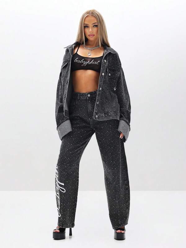 BABYPHAT Oversized Rhinestone Embellished Denim Trucker Jacket With All Over Rhinestone For Fall Winter