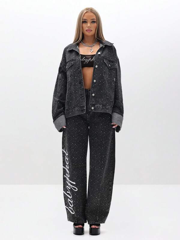 BABYPHAT Oversized Rhinestone Embellished Denim Trucker Jacket With All Over Rhinestone For Fall Winter