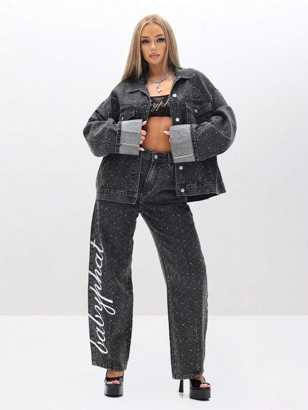 BABYPHAT Oversized Rhinestone Embellished Denim Trucker Jacket With All Over Rhinestone For Fall Winter