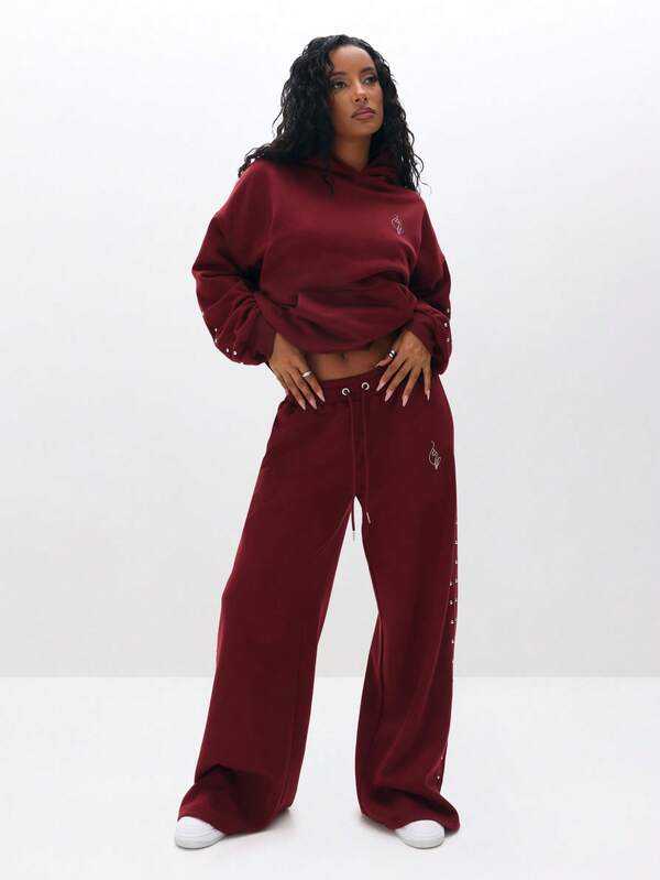 BABYPHAT Oversized Studded Hooded Sweatshirt With Drawstring And Centre Pocket For Cozy Winter Days
