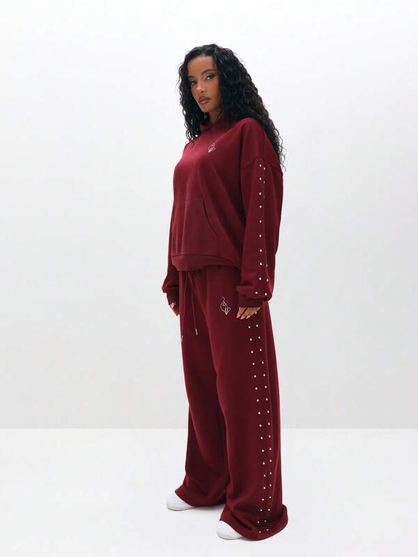 BABYPHAT Oversized Studded Hooded Sweatshirt With Drawstring And Centre Pocket For Cozy Winter Days
