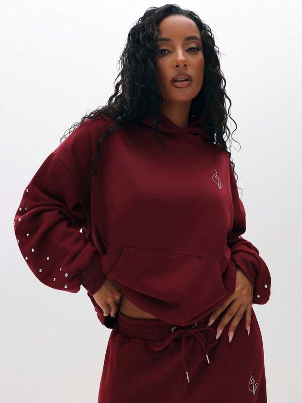 BABYPHAT Oversized Studded Hooded Sweatshirt With Drawstring And Centre Pocket For Cozy Winter Days
