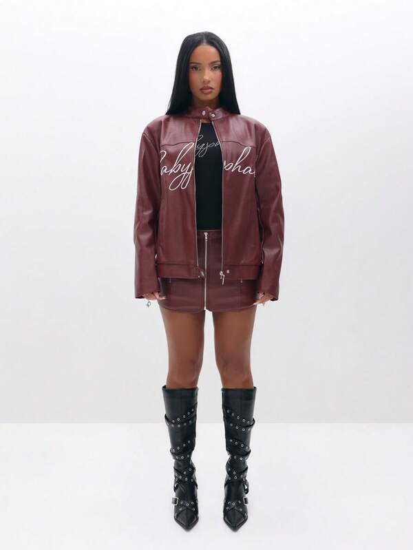 BABYPHAT PU Leather Motocross Biker Jacket With Script Embroidery Detail And Front Zip Closure