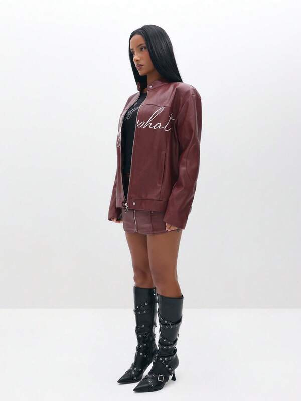 BABYPHAT PU Leather Motocross Biker Jacket With Script Embroidery Detail And Front Zip Closure