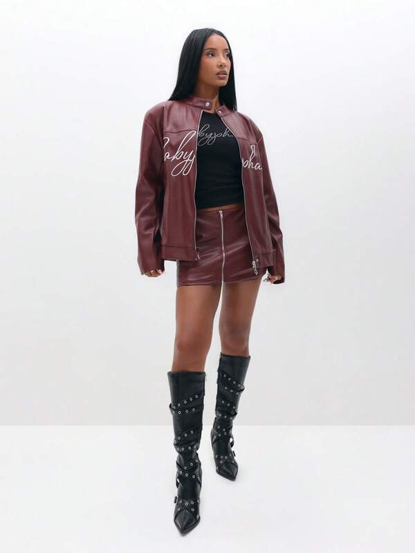 BABYPHAT PU Leather Motocross Biker Jacket With Script Embroidery Detail And Front Zip Closure