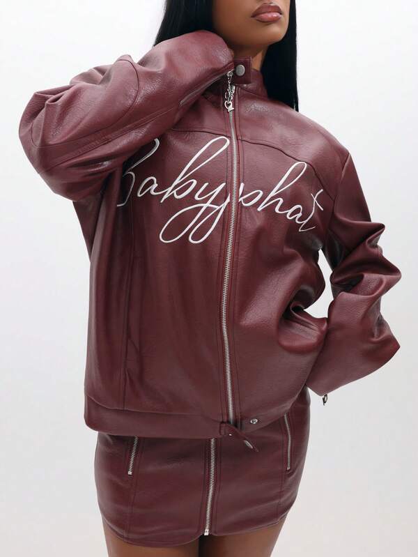 BABYPHAT PU Leather Motocross Biker Jacket With Script Embroidery Detail And Front Zip Closure