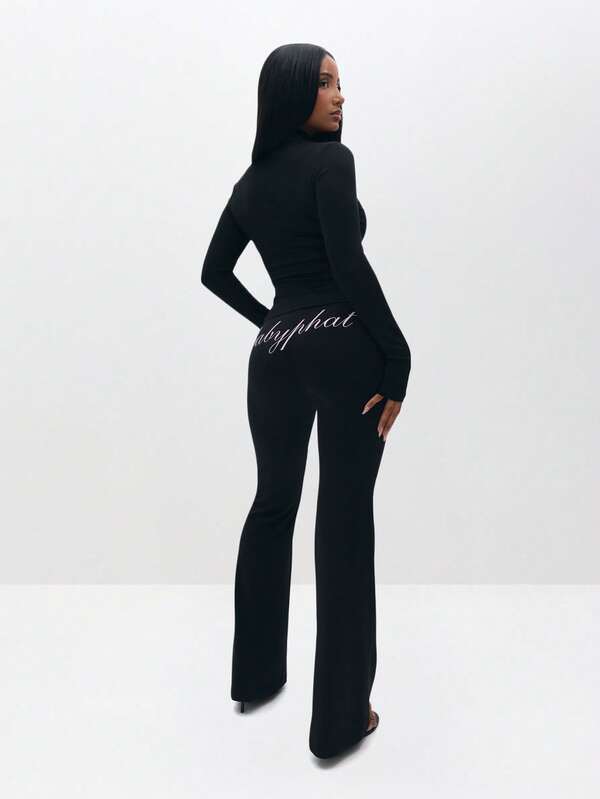 BABYPHAT Pull On Flare Leggings With Embroidered Script And Zipper Detail For Casual Everyday Wear