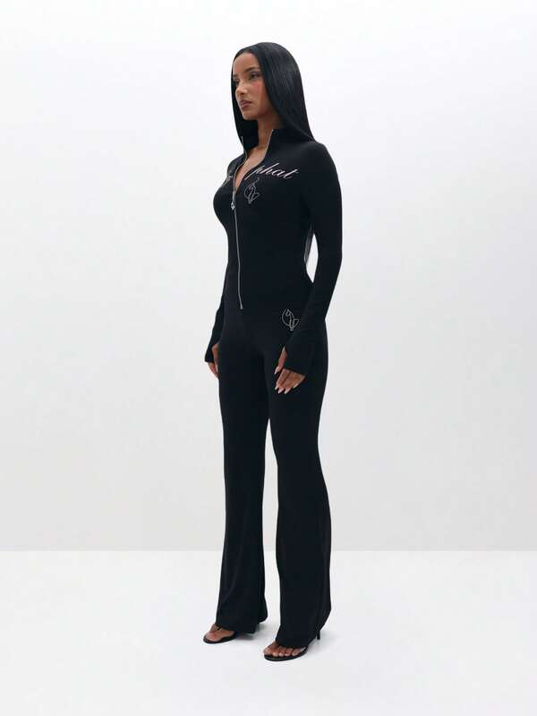 BABYPHAT Pull On Flare Leggings With Embroidered Script And Zipper Detail For Casual Everyday Wear