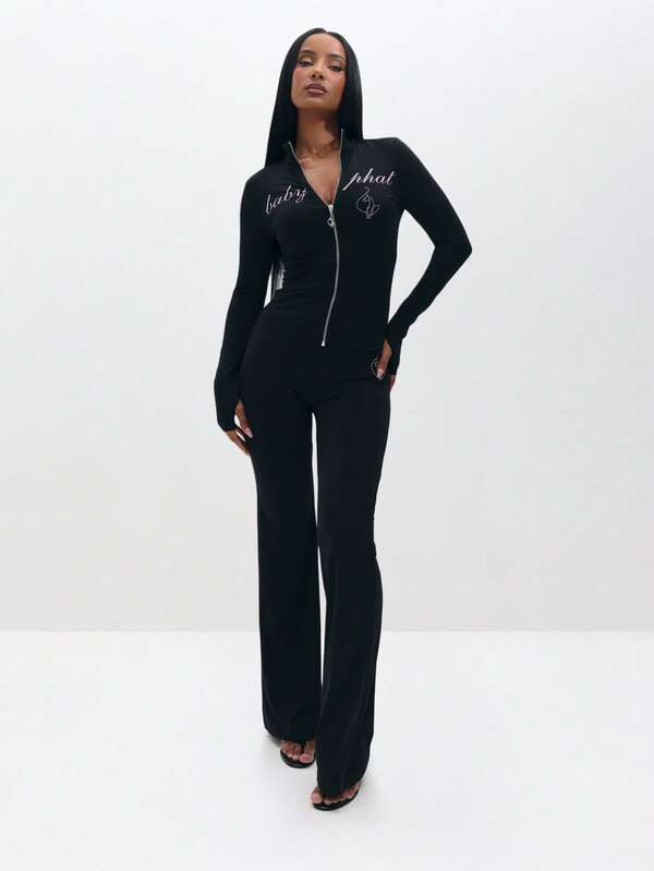 BABYPHAT Pull On Flare Leggings With Embroidered Script And Zipper Detail For Casual Everyday Wear