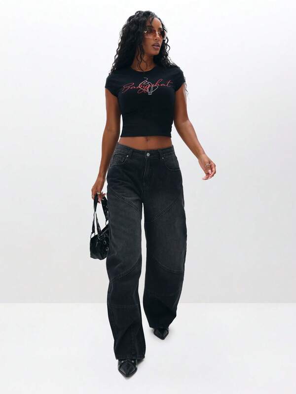 BABYPHAT Raglan Sleeve Graphic Tee With Script Print Logo Short Sleeve Crop Top For Summer Casual Wear