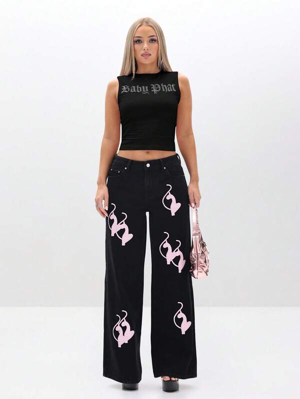 BABYPHAT Rhinestone Graphic Tank Top Sleeveless Fashion Statement Piece Cropped Casual Summer Festival Wear