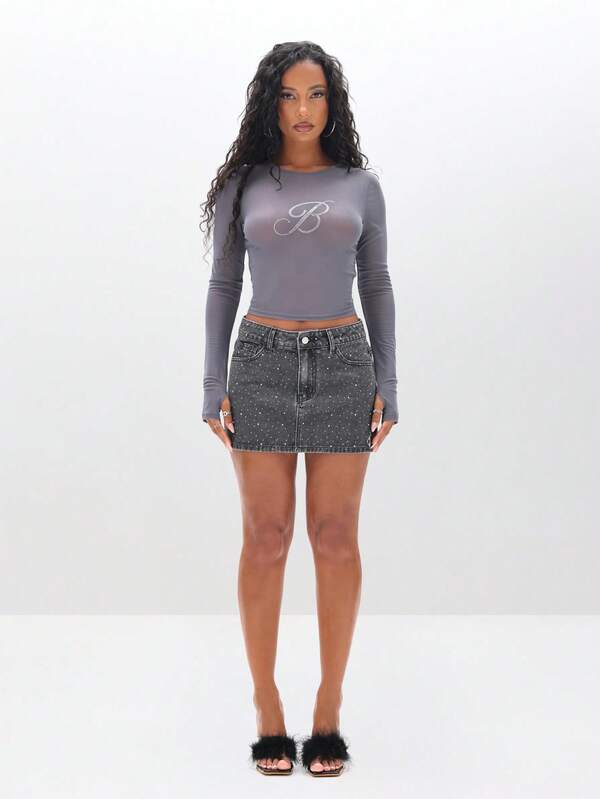 BABYPHAT Rhinestone Studded Denim Mini Skirt High Waisted Button Front Distressed Jean Skirt Festival Party Clubwear